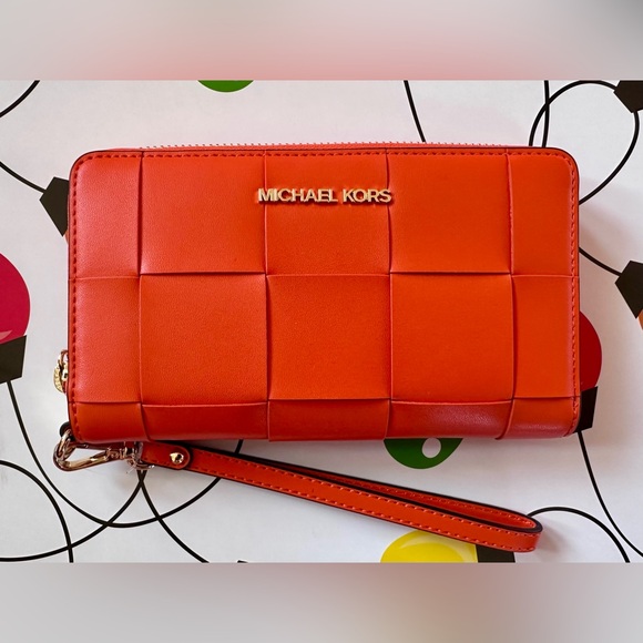 Michael Kors Vibrant Woven Leather Orange Jet Set Travel Case - Picture 2 of 11